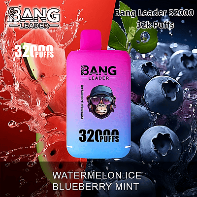 Ett Bang Leader 32000 vapepaket för engångsbruk med vattenmelon och blåbärsbilder som framhäver smakerna Watermelon Ice och Blueberry Mint och 32k puffs-funktionen.