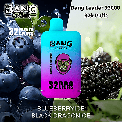 En reklambild för Bang Leader engångsvapen med 32 000 puffar, som visar smakerna Blueberry Ice och Black Dragon Ice tillsammans med livfulla bilder av blåbär och björnbär.