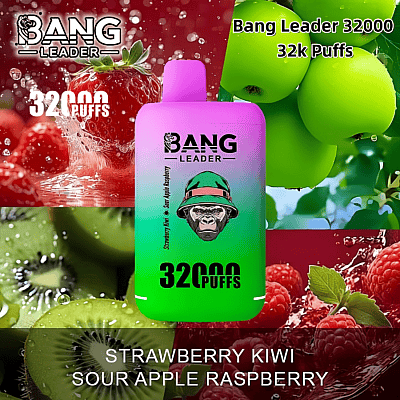 A promotional image for the Bang Leader 32000 puff vape featuring strawberry, kiwi, sour apple, and raspberry flavors with a vibrant device and fruit imagery.