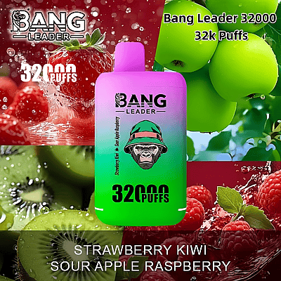 En reklambild för Bang Leader 32000 puff vape med smaker av jordgubbar, kiwi, sura äpplen och hallon med en levande enhet och fruktbilder.