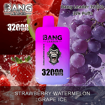 Produktbild för Bang Leader 32000 puffar med en vape-enhet med en lila och rosa gradientdesign, en gorillagrafik och smaktext som indikerar "Strawberry Watermelon Grape Ice" bland jordgubbar, vattenmelon och vindruvor i bakgrunden.