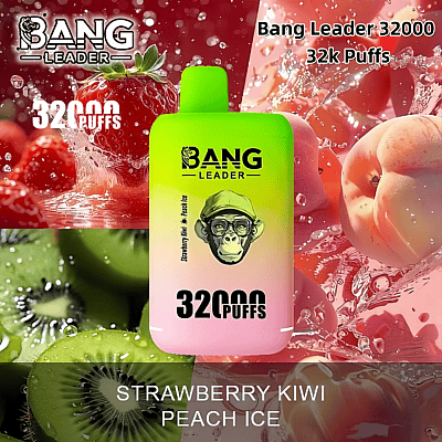 A promotional image showcasing the Bang Leader vape device with a flavor labeled as Strawberry Kiwi Peach Ice and capacity for 32,000 puffs. The background features vibrant visuals of strawberries, kiwis, and peaches in water.