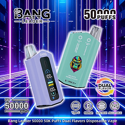 Anúncio apresentando o Bang Leader 50000 Puff Vape descartável com dois sabores, visor digital e carregamento Tipo C, em um fundo neon vibrante.