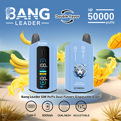 Kampanjbild för Bang Leader 50K Puffs Dual Flavors Disposable Vape med en elegant blå design, digital display, alternativ för banan- och mangosmak och specifikationer som Type-C-laddning, 650mAh-batteri, dubbla mesh-nät och justerbara inställningar.