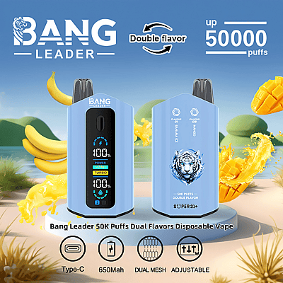 Imagem promocional do Bang Leader 50K Puffs Dual Flavors Disposable Vape com um design azul elegante, display digital, opções de sabor de banana e manga e especificações como carregamento Tipo C, bateria de 650 mAh, malha dupla e configurações ajustáveis.