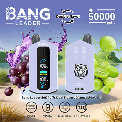 Kampanjbild med Bang Leader engångsvapen, som framhäver dess kapacitet med dubbla smaker, 50 000 puffkapacitet, 650 mAh uppladdningsbart batteri av typ C, justerbara alternativ och dubbelnätsteknologi; tillhörande bilder inkluderar grafik av druvor och citrusfrukter.