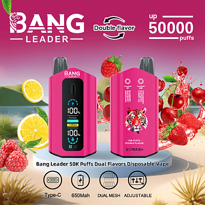 En reklamskärm av Bang Leader vaping-enhet med dubbla smaker, med en rosa design av höljet, en LED-skärm som visar effektnivåer och bilder av frukter som hallon och citroner i bakgrunden tillsammans med textbelysande funktioner som kapacitet för 50 000 puffar, 650 mAh batteri och USB Type-C-laddning.