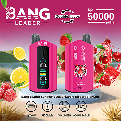 Uma exibição promocional do dispositivo de vaporização de dois sabores Bang Leader, com um design de caixa rosa, uma tela de LED mostrando os níveis de potência e imagens de frutas como framboesas e limões no fundo, juntamente com texto destacando recursos como capacidade para 50.000 tragadas, bateria de 650 mAh e carregamento USB Tipo C.