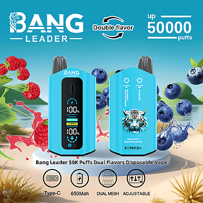 Imagem apresentando dispositivos descartáveis Bang Leader 50K Puffs Dual Flavors Vape com design azul, display digital e ícones para recursos como USB Tipo C, bobinas de malha dupla, fluxo de ar ajustável e bateria de 650 mAh, juntamente com framboesas e mirtilos renderizados promovendo sabores duplos.