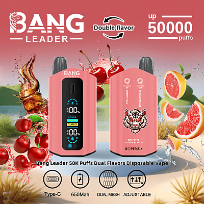 Ljus reklambild som visar Bang Leader 50K Puffs Dual Flavors Disposable Vape med en illustrerad tigerlogotyp och visas i rosa. Bilden framhäver funktioner som Type-C-laddning, 650 mAh batteri, dubbel mesh-spole och justerbara inställningar, tillsammans med fruktiga bilder inklusive körsbär och grapefruktskivor i en stänkdesign.