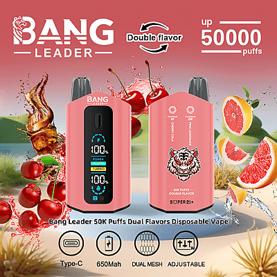 Imagem promocional brilhante mostrando o Bang Leader 50K Puffs Dual Flavors Disposable Vape com um logotipo de tigre ilustrado e exibido em rosa. A imagem destaca recursos como carregamento Type-C, bateria de 650mAh, bobina de malha dupla e configurações ajustáveis, acompanhados por visuais frutados, incluindo cerejas e fatias de toranja em um design splash.