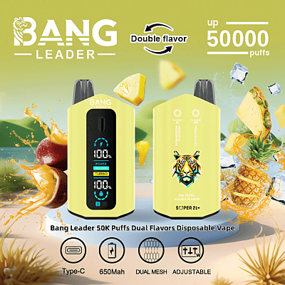 Kampanjbild för Bang Leader 50K Puffs Dual Flavours Disposable Vape med två ljusgula vape-enheter, dubbla digitala displayer, smakalternativ av ananas och passionsfrukt, och höjdpunkter av dess funktioner, inklusive ett 650mAh-batteri, Type-C-laddning och justerbara inställningar.