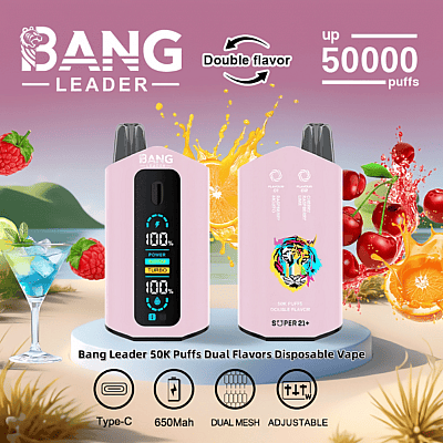 Reklambild som visar Bang Leader 50K Puffs Disposable Vape med dubbla smaker, med en elegant rosa design, justerbara inställningar och ackompanjerad av fruktbilder som illustrerar smakalternativ.