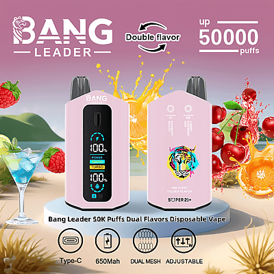 Imagem promocional mostrando o Bang Leader 50K Puffs Vape descartável com dois sabores, com um design rosa elegante, configurações ajustáveis e acompanhado de imagens de frutas ilustrando as opções de sabor.