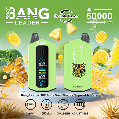 Um anúncio exibindo o 'Bang Leader 50K Puffs Dual Flavors Disposable Vape' com uma estrutura verde, um logotipo de tigre e especificações incluindo 50.000 tragadas, bobinas de malha dupla, carregamento Tipo C e uma bateria de 650 mAh, colocado ao lado de imagens de abacaxis e limões para destacar os sabores das frutas.