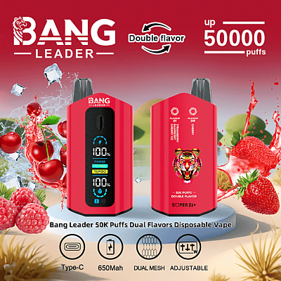 Kampanjbild för Bang Leader 50K Puff Dual Flavors Disposable Vape med en röd enhet med smakalternativ, en digital display och ikoner som framhäver USB Type-C-laddning, ett 650mAh batteri, dubbla mesh-spolar och justerbara inställningar.