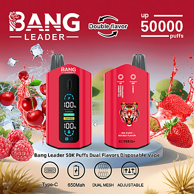 Imagem promocional do Bang Leader 50K Puff Dual Flavors Disposable Vape apresentando um dispositivo vermelho com opções de sabor, um visor digital e ícones destacando o carregamento USB Tipo C, uma bateria de 650 mAh, bobinas de malha dupla e configurações ajustáveis.