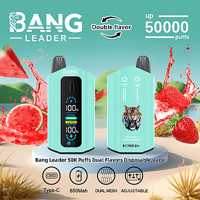 Imagem promocional do Bang Leader 50K Puffs Dual Flavor Disposable Vape com sabores de melancia e morango, especificações do dispositivo incluindo carregamento Tipo C, bateria de 650 mAh, malha dupla e configurações ajustáveis, com duas unidades de vaporizador exibidas.