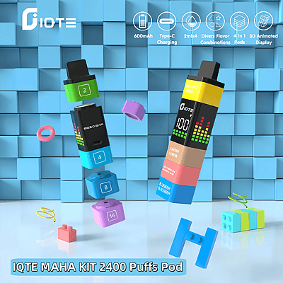 Colorful modular vape kit displaying stackable flavor pods and components, with a blue tiled background and product features highlighted.
