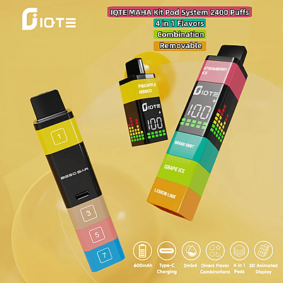 Immagine promozionale che presenta il sistema IQTE MAHA Kit Pod, un dispositivo per lo svapo con una capacità di 2400 boccate, caratterizzato da un design colorato e impilabile che offre quattro gusti intercambiabili e caratteristiche quali una batteria da 600 mAh, ricarica di tipo C e un display animato.