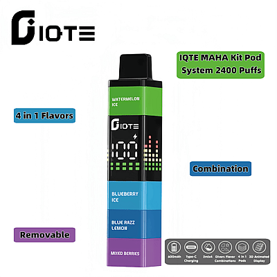 Immagine del sistema IQTE MAHA Kit Pod, che presenta un dispositivo aromatizzato 4 in 1, tra cui i gusti Watermelon Ice, Blueberry Ice, Blue Razz Lemon e Mixed Berries, con caratteristiche quali 2400 boccate, capacità di 600 mAh e un display 3D.