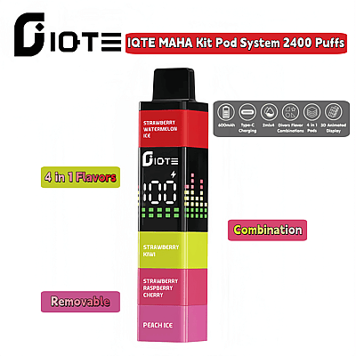 Un'illustrazione del sistema IOTE IQTE MAHA Kit Pod, che mostra le sue caratteristiche come 2400 tiri, una batteria da 600 mAh, ricarica Type-C, un design di aromi 4 in 1 e uno schermo di visualizzazione animato. Il pod è etichettato con quattro aromi: Strawberry Watermelon Ice, Strawberry Kiwi, Strawberry Raspberry Cherry e Peach Ice, ed è evidenziato come rimovibile.