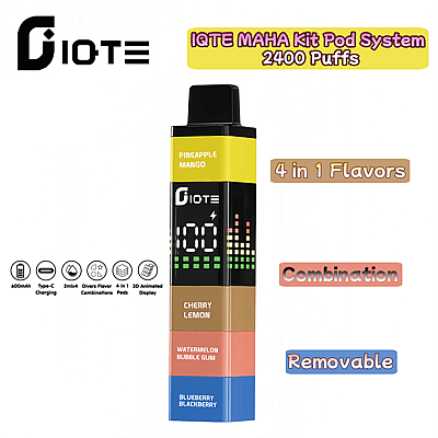 Immagine promozionale del sistema IQTE MAHA Kit Pod con 2400 tiri, che mostra il suo design impilabile con quattro gusti: ananas e mango, ciliegia e limone, gomma da masticare all'anguria e mirtillo e mora, con dettagli su caratteristiche quali batteria da 600 mAh, ricarica di tipo C, pod da 2 ml e un display animato in 3D.