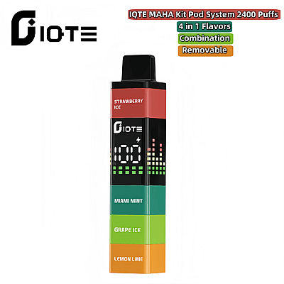 Immagine del prodotto del sistema IQTE MAHA Kit Pod con 2400 boccate e moduli rimovibili con quattro gusti: Strawberry Ice, Miami Mint, Grape Ice e Lemon Lime.