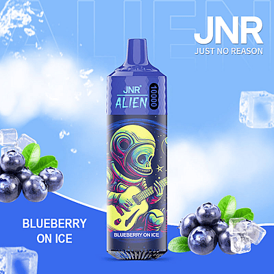 A colorful vaping device labeled 'JNR Alien 10000' with a psychedelic alien design playing a guitar, set against a blue background with floating blueberries and ice cubes, and the flavor 'Blueberry on Ice' prominently displayed.