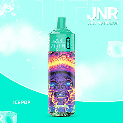 A colorful vape pen labeled 'JNR ALIEN 10000' featuring a vibrant alien design with glowing eyes and a fiery background, set against a teal background with the text 'ICE POP' and 'JUST NO REASON.'