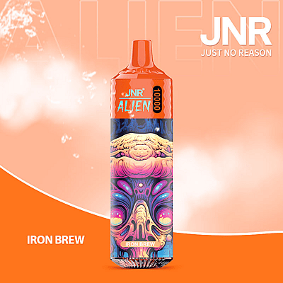 A colorful vape device labeled 'JNR Alien 10000' in 'Iron Brew' flavor with an eye-catching, abstract design resembling alien features, set against an orange background with white text saying 'JNR Just No Reason.'