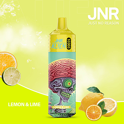 JNR Alien vape pen with lemon and lime flavor, featuring colorful alien artwork, set against a bright yellow background with citrus fruit images.