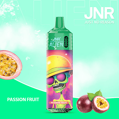 Advertisement for JNR Alien vaporizer featuring passion fruit flavor, with colorful packaging displaying a cartoon alien wearing a yellow helmet, surrounded by images of whole and sliced passion fruits on a bright green background.