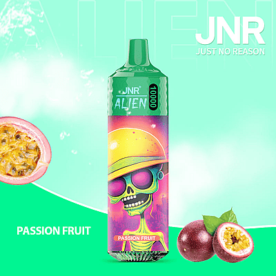 Advertisement for JNR Alien vaporizer featuring passion fruit flavor, with colorful packaging displaying a cartoon alien wearing a yellow helmet, surrounded by images of whole and sliced passion fruits on a bright green background.