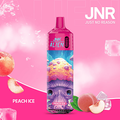 A pink vaporizer marked "JNR ALIEN 10000" with a colorful alien-themed design, surrounded by images of peaches, ice cubes, and a pink background advertising the Peach Ice flavor.