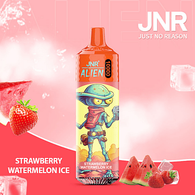 Image of a JNR Alien vape device with a strawberry watermelon ice flavor, featuring a cartoon alien character on the packaging, displayed against a pink background with strawberries, watermelon slices, and ice cubes.