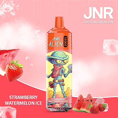 Image of a JNR Alien vape device with a strawberry watermelon ice flavor, featuring a cartoon alien character on the packaging, displayed against a pink background with strawberries, watermelon slices, and ice cubes.