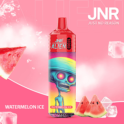 A colorful vape product labeled as JNR Alien Watermelon Ice with cartoon alien art, surrounded by watermelon slices and ice cubes on a pink background.