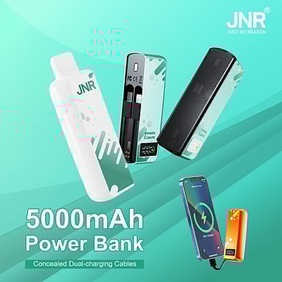 Image promotionnelle des banques d'alimentation JNR 5000mAh présentant un design élégant avec des câbles de charge doubles dissimulés, présentées dans plusieurs variantes de couleurs et à côté d'un smartphone en cours de chargement.