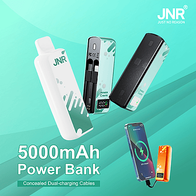 Promotiefoto van JNR 5000mAh powerbanks met een strak design en verborgen dubbele oplaadkabels, afgebeeld in verschillende kleurvariaties en met een smartphone die wordt opgeladen.