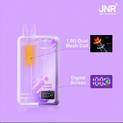 Image promotionnelle présentant un appareil électronique transparent avec un élément chauffant à double maillage de 1,0 Ω visible et un écran numérique affichant des données opérationnelles. Le texte de la légende met en évidence ces caractéristiques avec un fond violet.