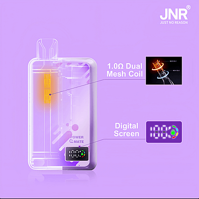 Een promotionele afbeelding die een transparant elektronisch apparaat laat zien met een zichtbaar 1.0Ω Dual Mesh Coil verwarmingselement en een digitaal scherm dat operationele gegevens weergeeft. De ondertiteling benadrukt deze functies met een paarse achtergrond.