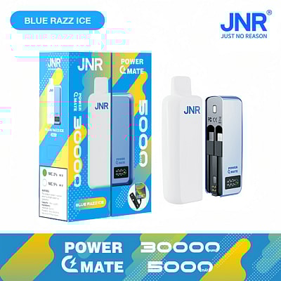 Une présentation de produit présentant JNR Power Mate Blue Razz Ice, un appareil de vapotage avec une batterie de 5000 mAh et une durée de vie de 30 000 bouffées, montrant l'appareil et l'emballage.