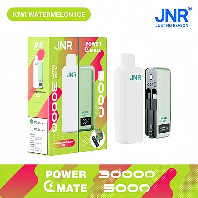 Verpakking en productafbeelding van de JNR Power Mate, een elektronisch apparaat met Kiwi Watermelon Ice-smaak, een groen en wit ontwerp, een 5000mAh-batterij en een capaciteit van 30.000 trekjes, weergegeven met de geopende compartimenten en merkkenmerken.