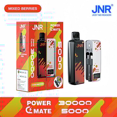Image montrant un appareil de vapotage de marque JNR avec un emballage étiqueté saveur « Baies mélangées », présentant un design élégant et des spécifications de 30 000 bouffées et une batterie de 5 000 mAh.