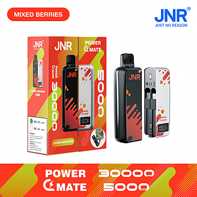 Afbeelding van een JNR-merk-vaping-apparaat met de verpakking met de smaak 'Mixed Berries', met een strak design en specificaties van 30.000 trekjes en een 5000mAh-batterij.