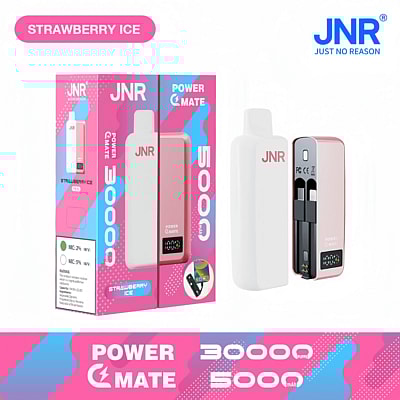 Affichage promotionnel du JNR Power Mate au goût de fraise glacée, présentant son emballage et la conception de l'appareil avec des spécifications mettant l'accent sur une batterie de 5000 mAh et 30 000 bouffées.
