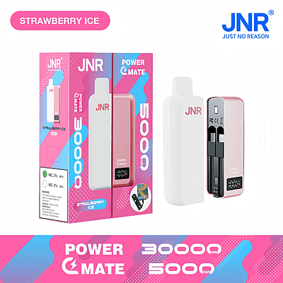 Promotiedisplay van de JNR Power Mate in de smaak Strawberry Ice, met presentatie van de verpakking en het ontwerp van het apparaat, waarbij de specificaties de nadruk leggen op een 5000 mAh-batterij en 30.000 trekjes.