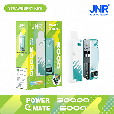 Verpakking en productafbeelding van het elektronische vape-apparaat JNR Power Mate met de smaak 'Strawberry Kiwi', met functies als 30.000 trekjes en een capaciteit van 5.000 mAh, met levendige groene en gele ontwerpen.