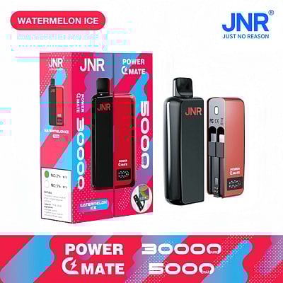 Emballage et image du produit pour l'appareil de vapotage JNR Power Mate au goût de glace à la pastèque, avec des détails tels que 30 000 bouffées et une capacité de 5 000 mAh.